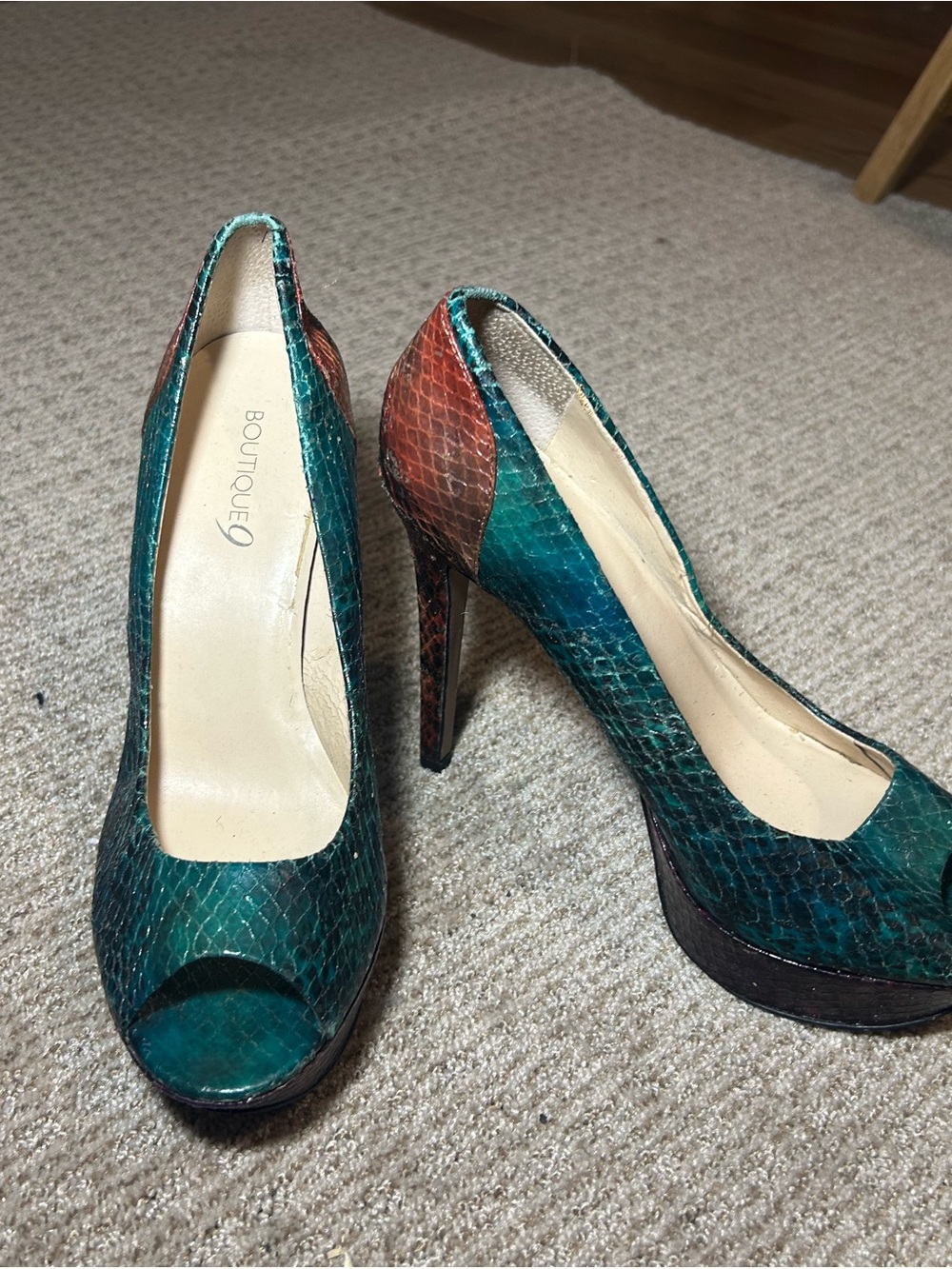 Boutique 9 Teal and Brown Snakeskin Peep-Toe Platform Pumps